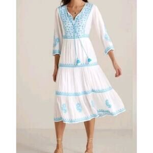 Soft Surroundings Juniper Midi Dress Women XS Boho White Blue Embroidered Tiered